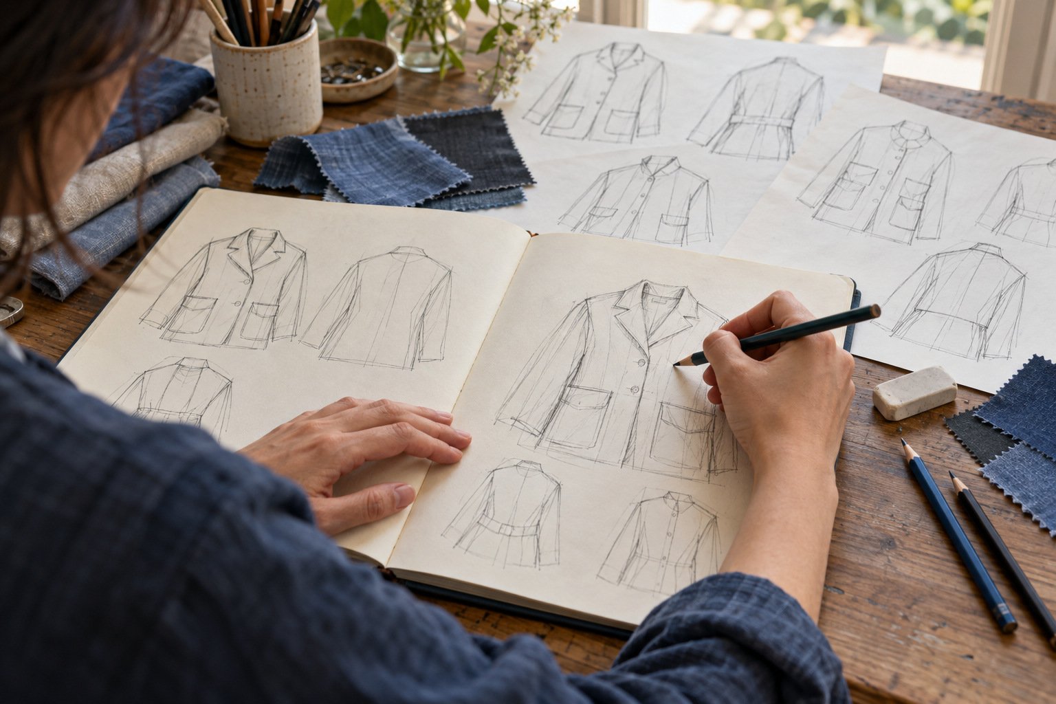 Manos dibujando alternativas de una chaqueta en un cuaderno junto a hojas con bocetos y muestras de tejido azul.