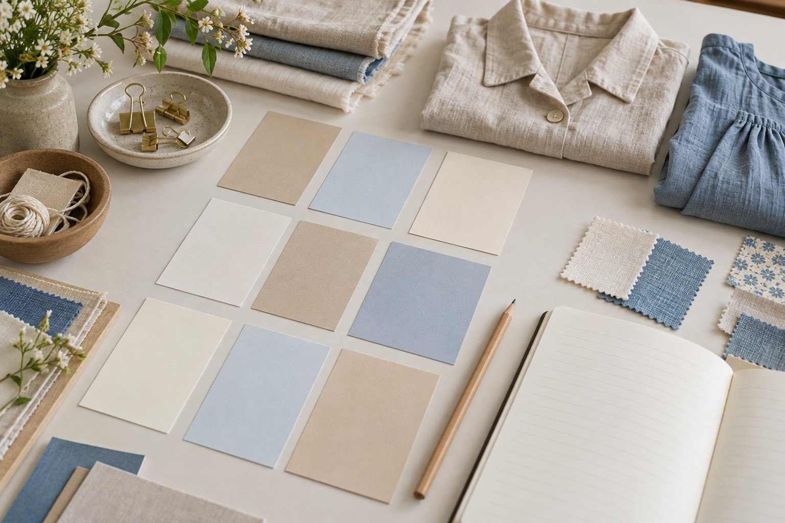 Mesa de planificación con tarjetas de colores sin texto, retales y pequeñas muestras de prendas ordenadas junto a un cuaderno abierto.