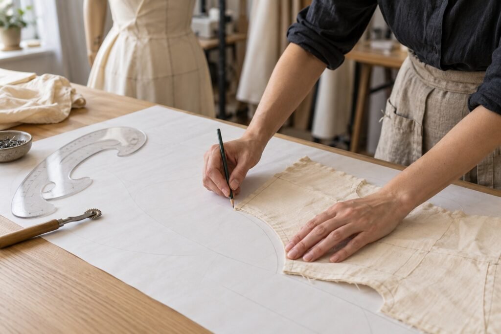 Manos trazando sobre papel una pieza de toile desplegada, con reglas de patronaje y un maniquí desenfocado al fondo.