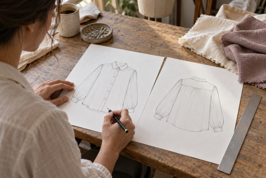 Persona revisando dibujos en plano del delantero y la espalda de una blusa junto a muestras textiles y una regla.
