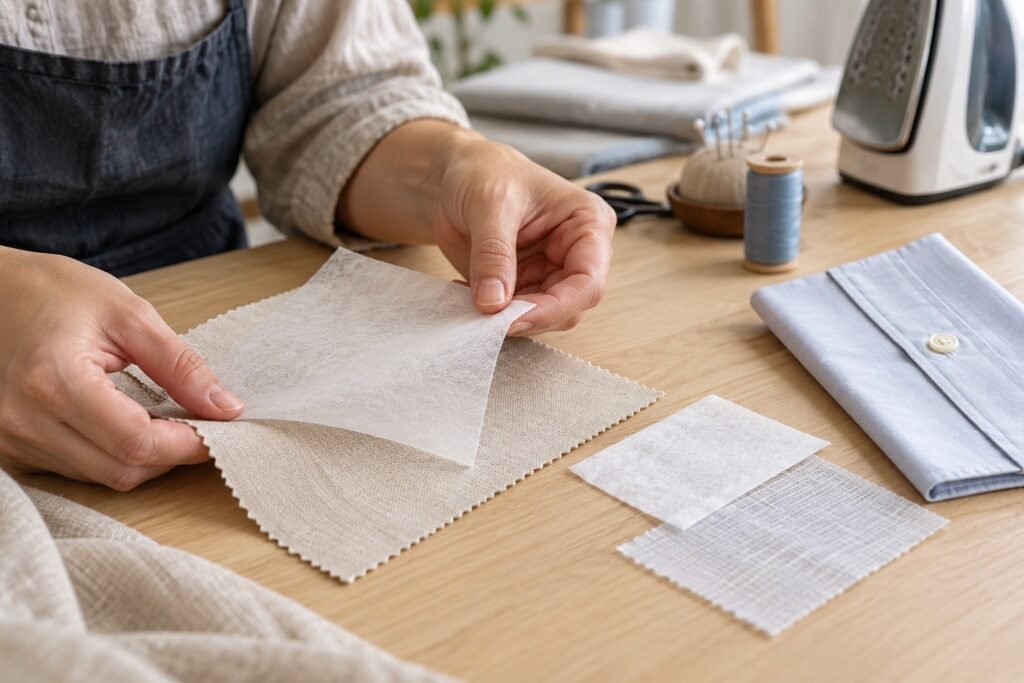 Manos comparando un tejido claro y varias entretelas ligeras sobre una mesa de confección, junto a una tapeta de muestra.