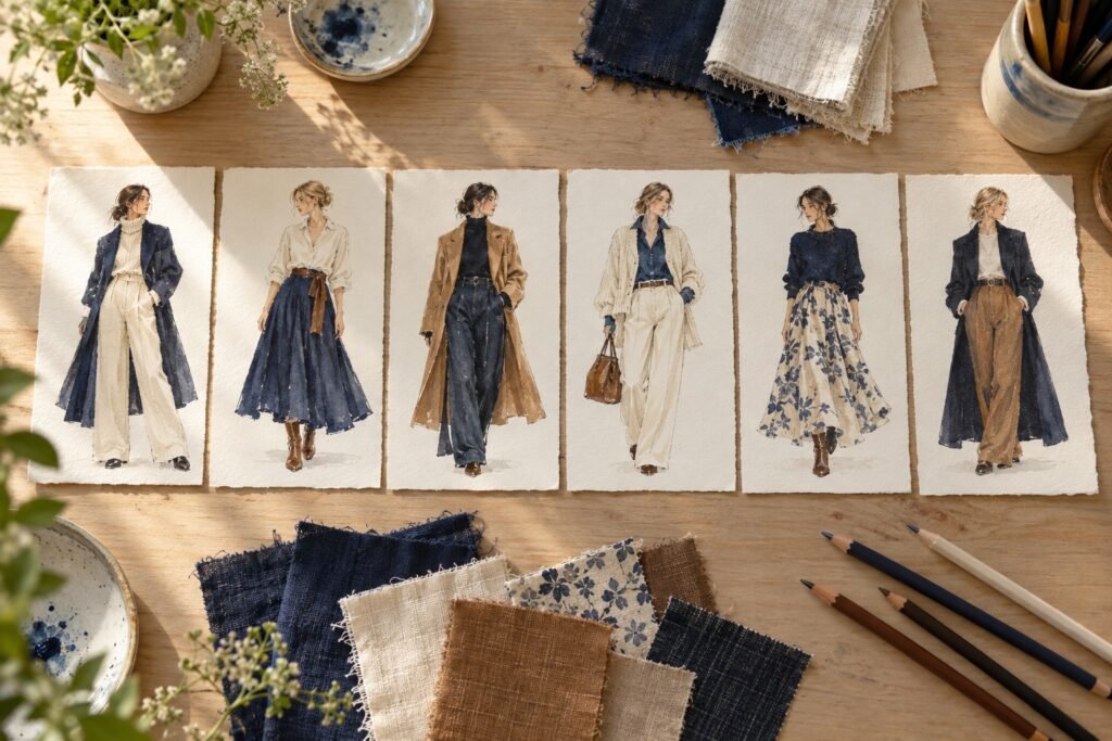 Tarjetas de papel con pequeños figurines de looks coordinados en tonos azul, crudo y tierra, acompañadas de retales sobre una mesa clara.