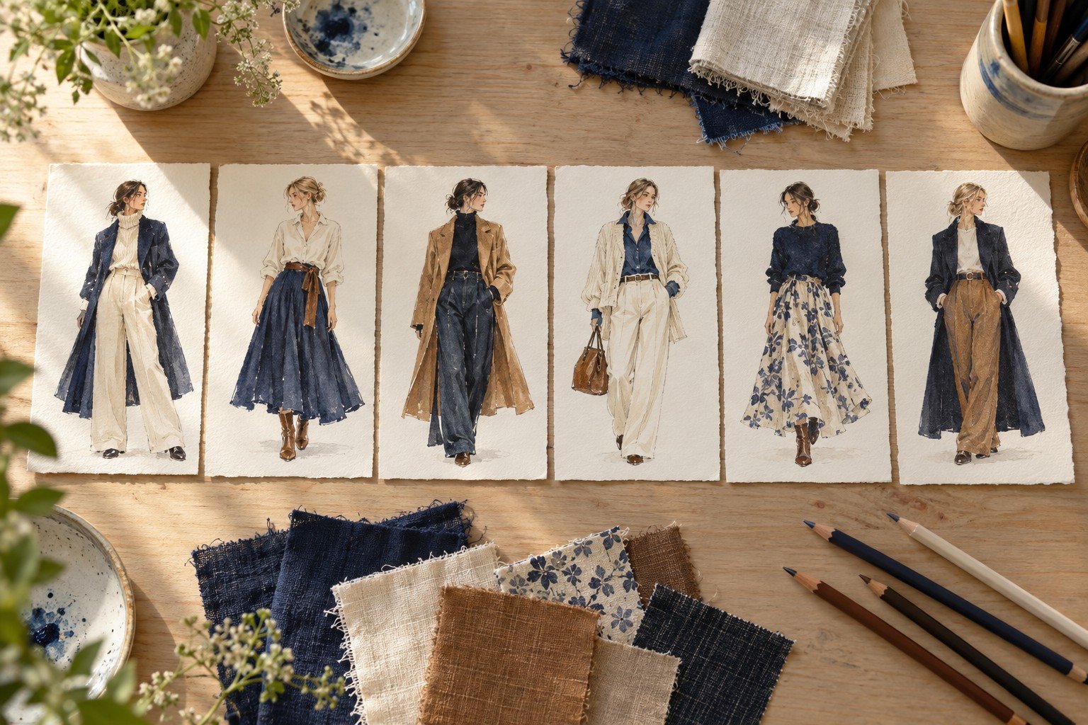 Tarjetas de papel con pequeños figurines de looks coordinados en tonos azul, crudo y tierra, acompañadas de retales sobre una mesa clara.