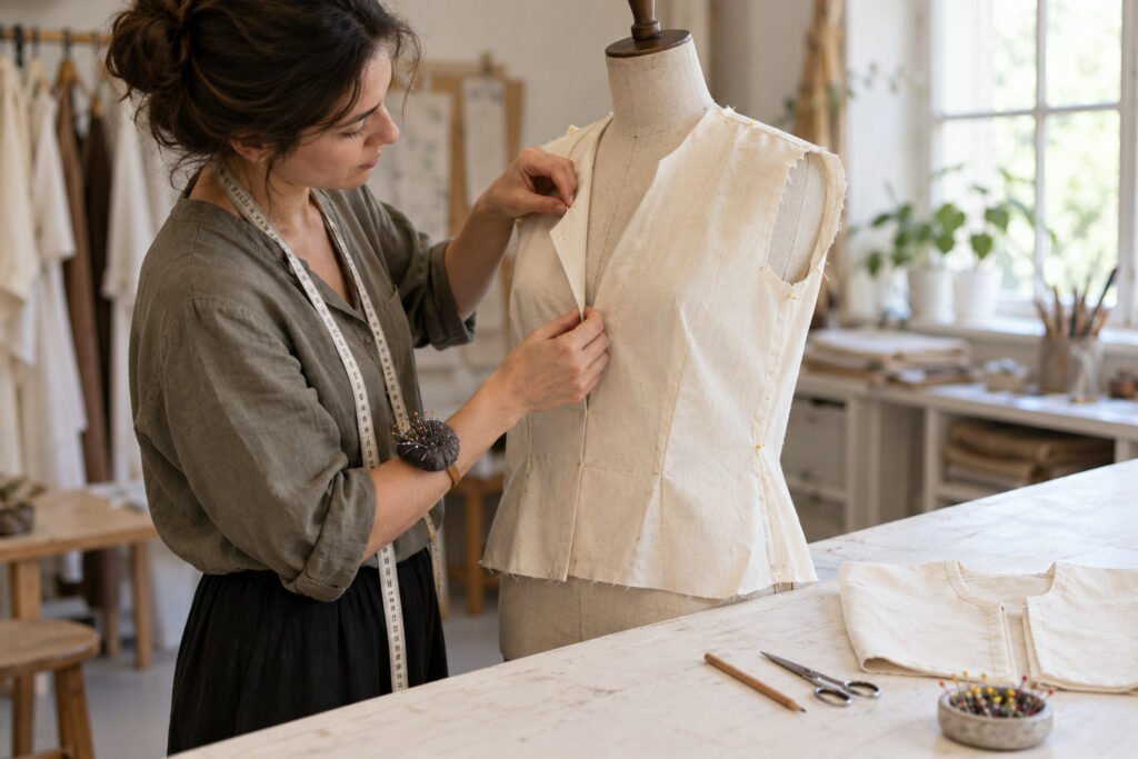Diseñadora ajustando la abertura de una toile de algodón crudo en un maniquí, junto a una segunda muestra y útiles de taller.