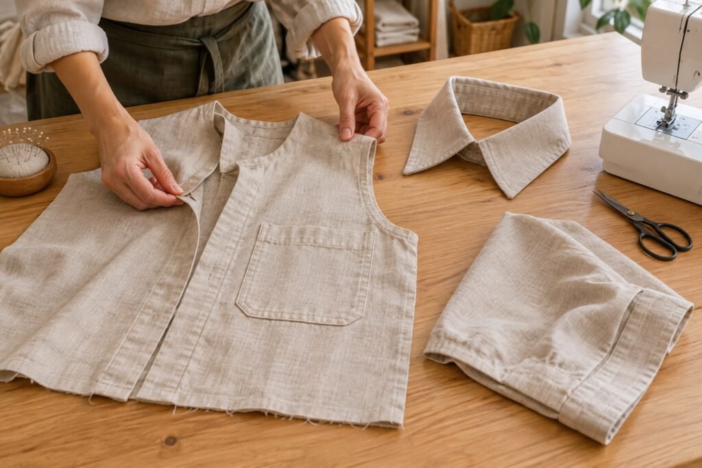 Mesa de taller con piezas preparadas de una sobrecamisa clara, bolsillo y cuello, mientras unas manos ordenan el montaje junto a una máquina de coser.