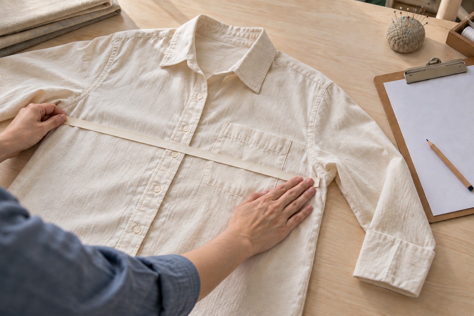 Dos manos sujetan una cinta por su reverso sobre una camisa cruda extendida junto a un portapapeles y un lápiz.