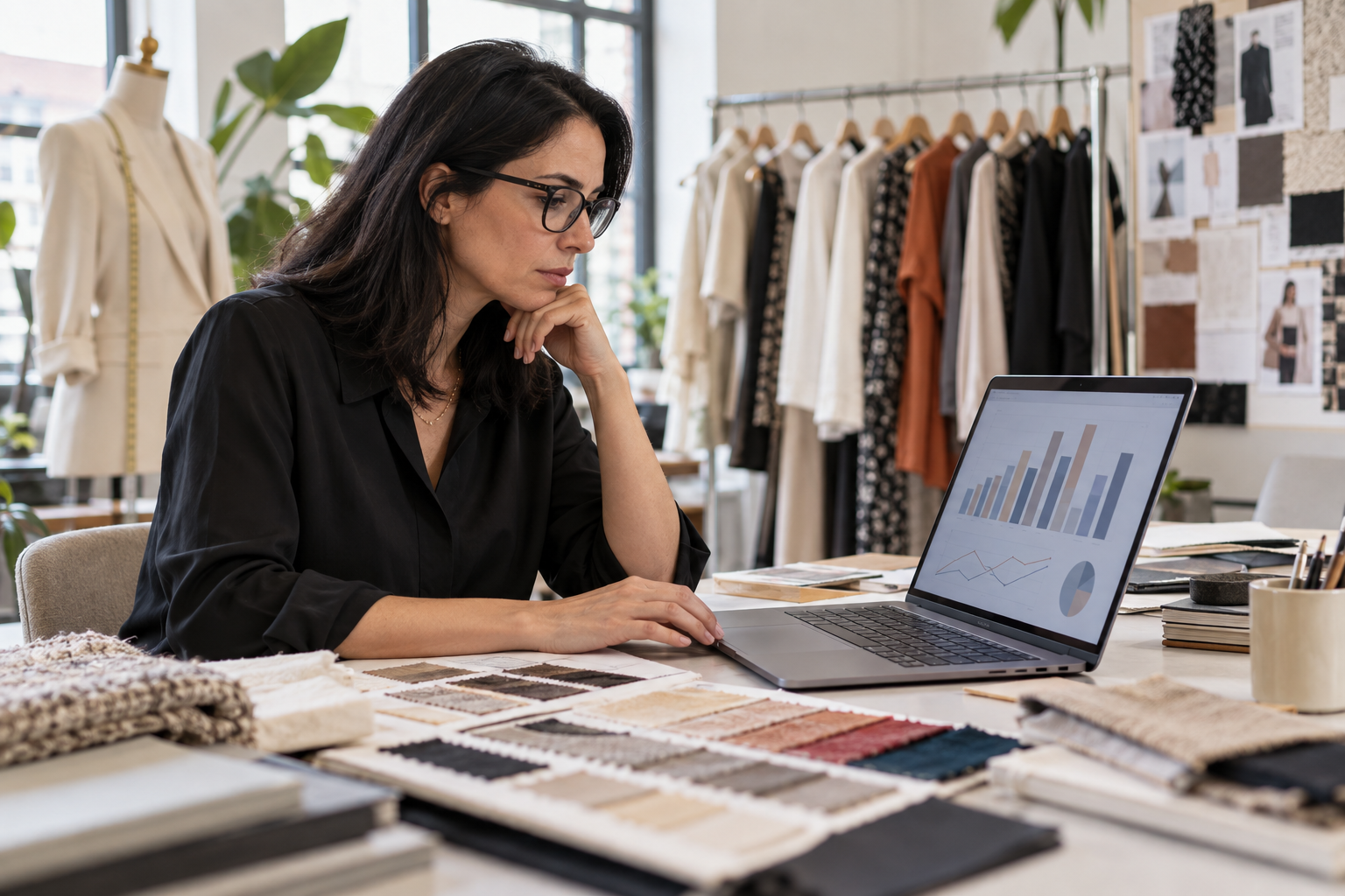 Mujer consultando gráficos en un portátil sobre una mesa con muestrarios textiles y prendas colgadas al fondo.