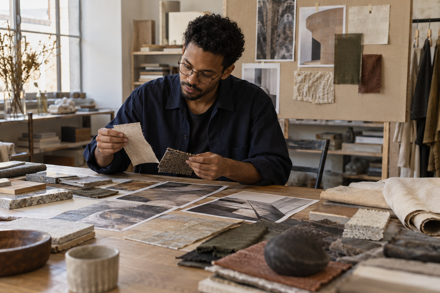 Hombre comparando muestras de tejido junto a fotografías y materiales sobre una mesa.