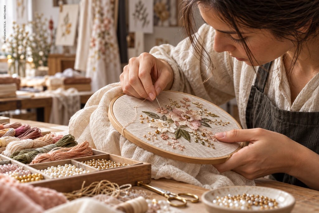 Manos trabajando un motivo bordado en un bastidor junto a hilos, agujas y muestras textiles