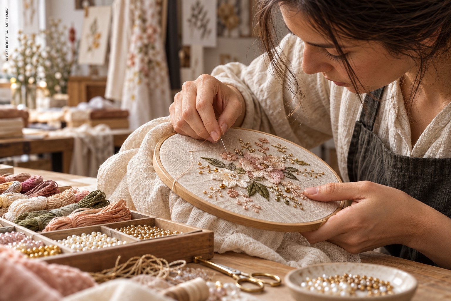 Manos trabajando un motivo bordado en un bastidor junto a hilos, agujas y muestras textiles