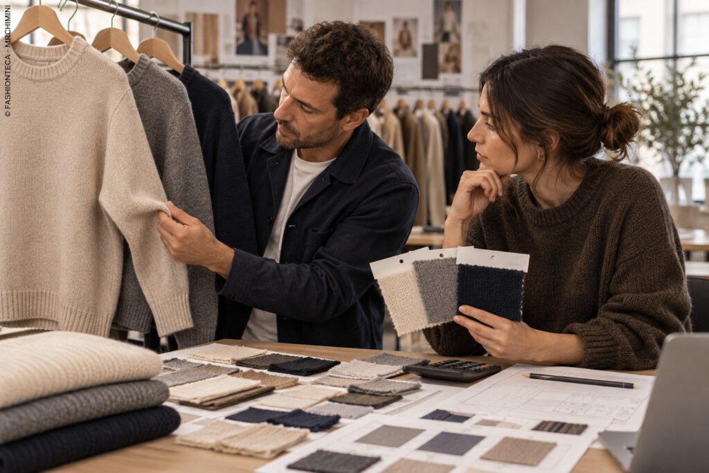 Compradora de moda comparando muestras de bolsos con una tabla de surtido y condiciones de compra