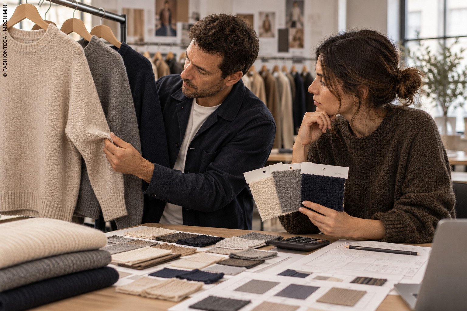Compradora de moda comparando muestras de bolsos con una tabla de surtido y condiciones de compra