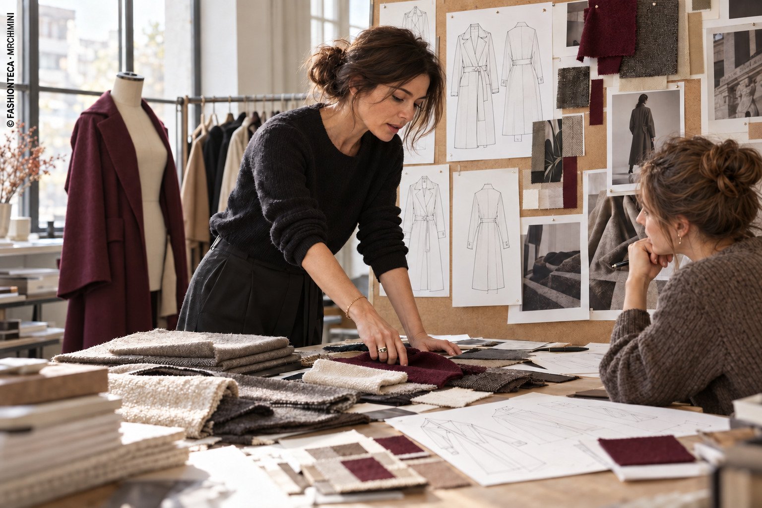 Dirección creativa de moda revisando una colección con referencias visuales y muestras textiles