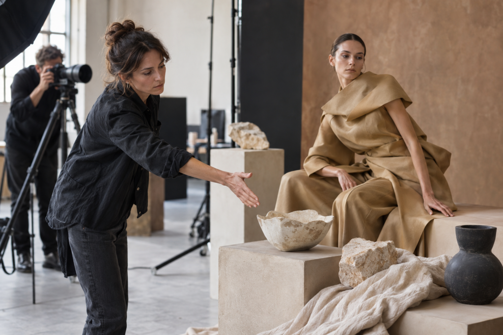 Directora de arte ajustando el decorado junto a una modelo vestida de tostado, mientras un fotógrafo encuadra la escena.
