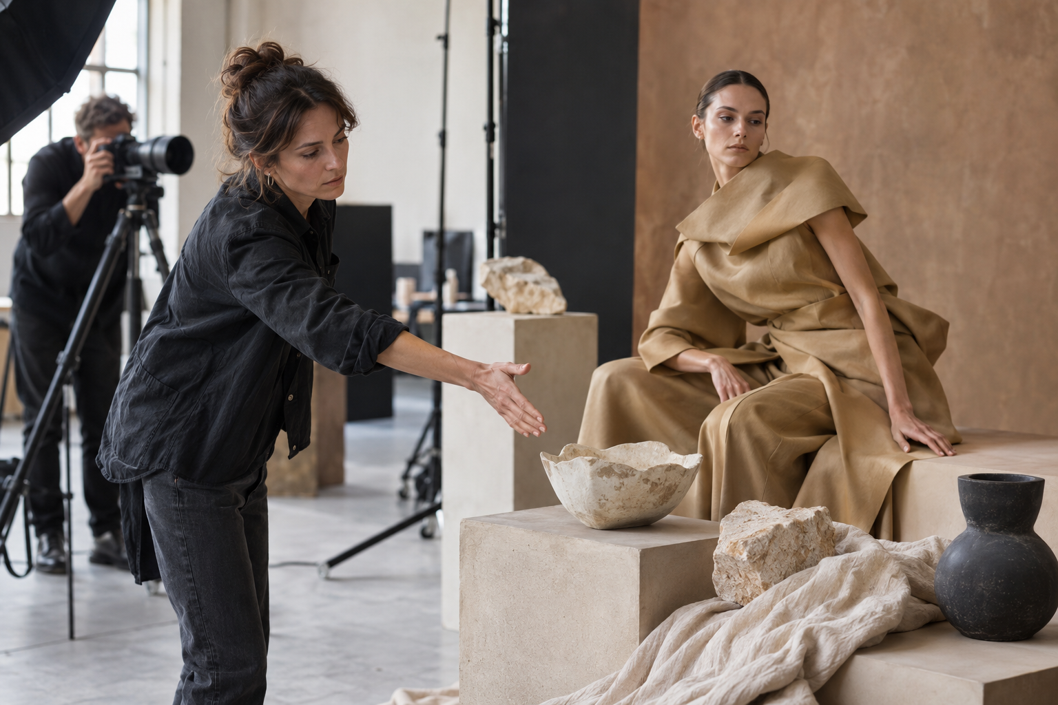 Directora de arte ajustando el decorado junto a una modelo vestida de tostado, mientras un fotógrafo encuadra la escena.