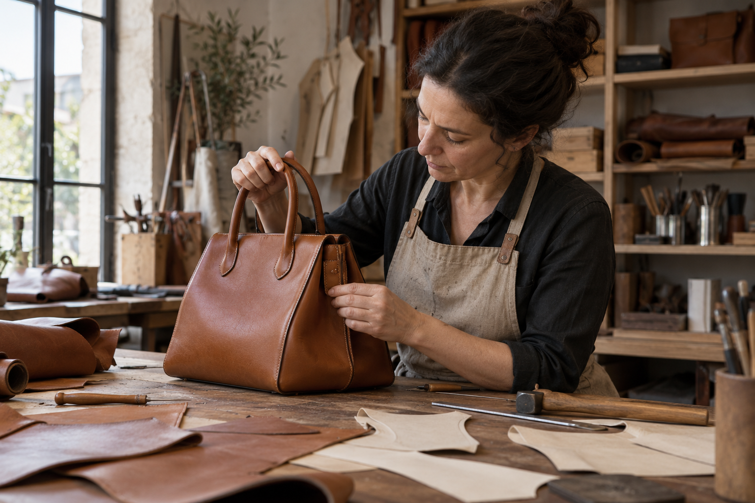 Mujer revisando un bolso de cuero marrón sobre una mesa con herramientas y patrones.