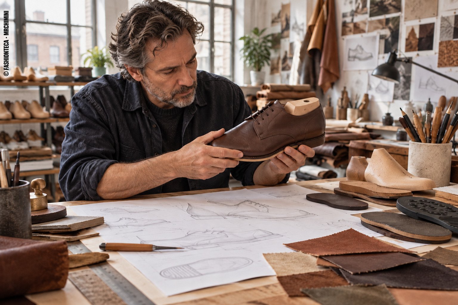 Diseñador de calzado comparando bocetos, una horma y componentes de una muestra de zapato