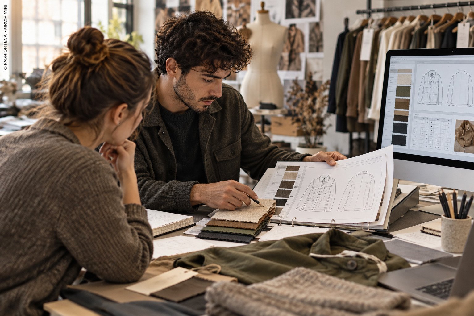 Especialista PLM de moda revisando relaciones entre materiales, variantes y fichas técnicas de una colección