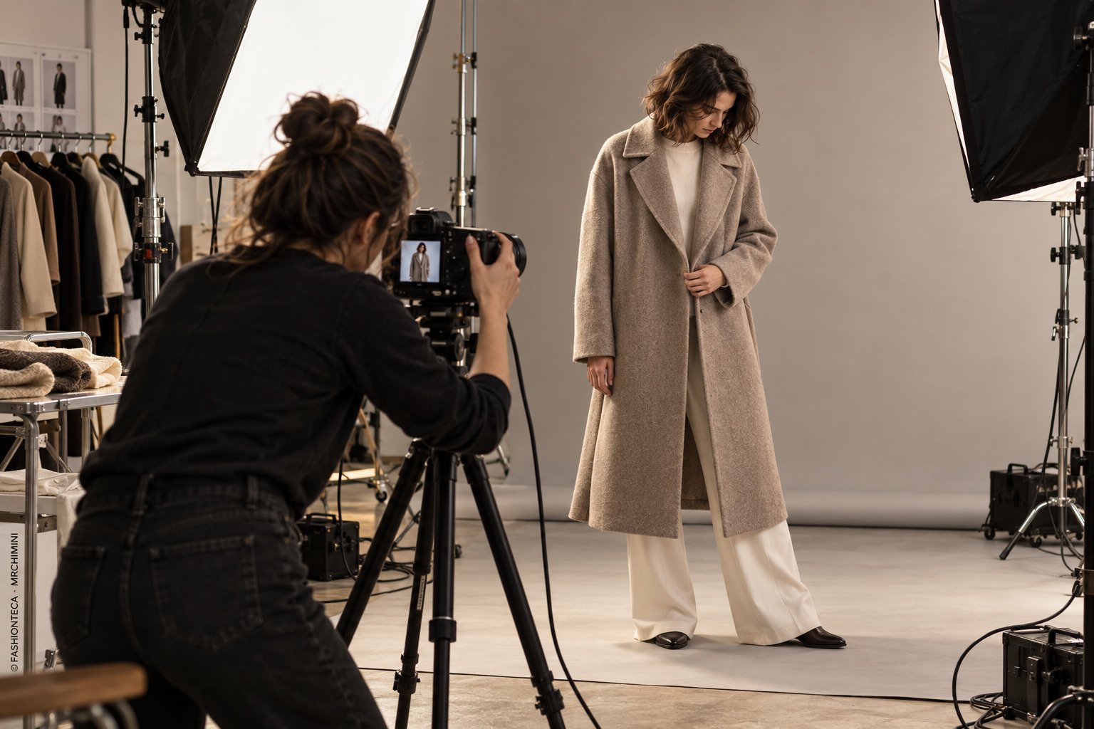 Fotógrafo de moda revisando en un monitor una sesión de estudio con prendas y equipo de iluminación