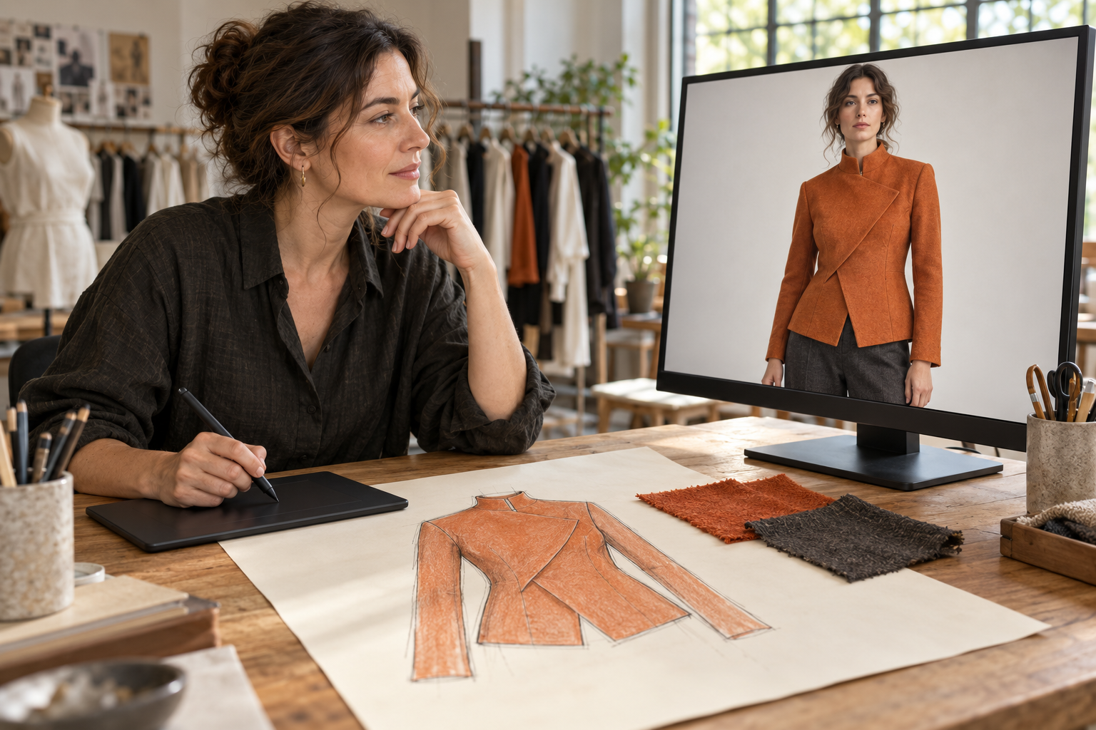 Diseñadora compara el boceto de una chaqueta naranja con su visualización fotográfica en pantalla, junto a muestras textiles.