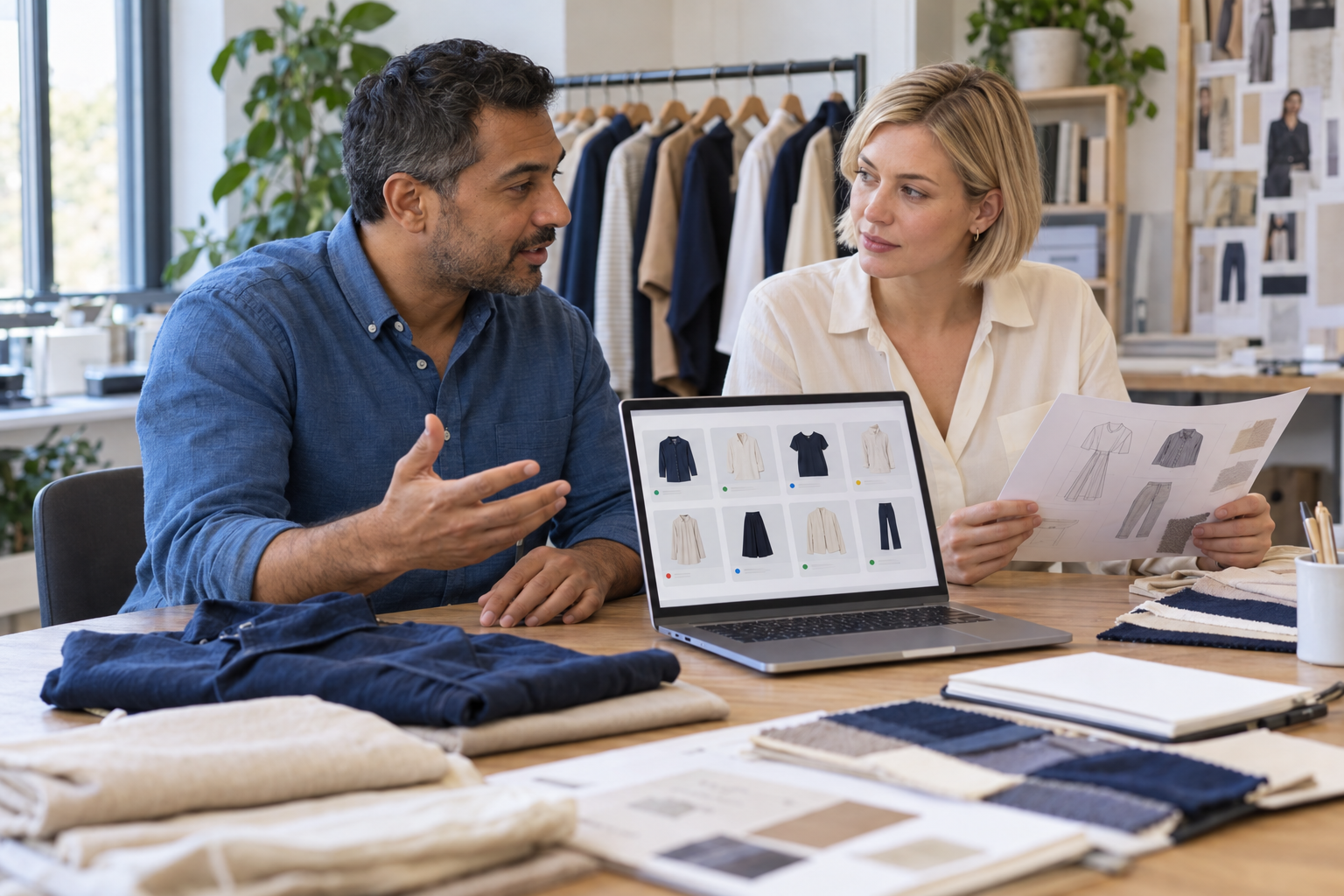 Dos profesionales revisan un catálogo digital de prendas junto a una camisa y muestras textiles en una oficina de moda.