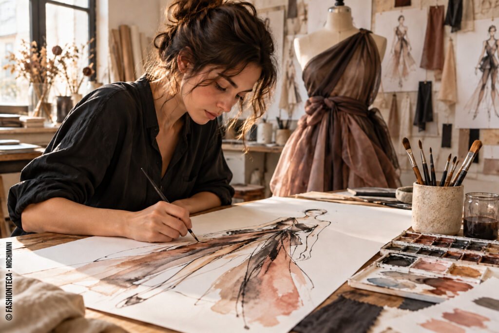 Ilustrador de moda trabajando con dibujos de figuras vestidas, tintas y una tableta digital