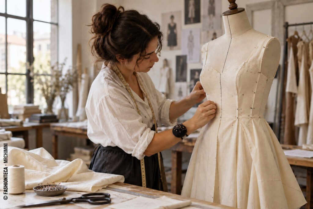 Modelista ajustando una toile con alfileres sobre un maniquí de taller