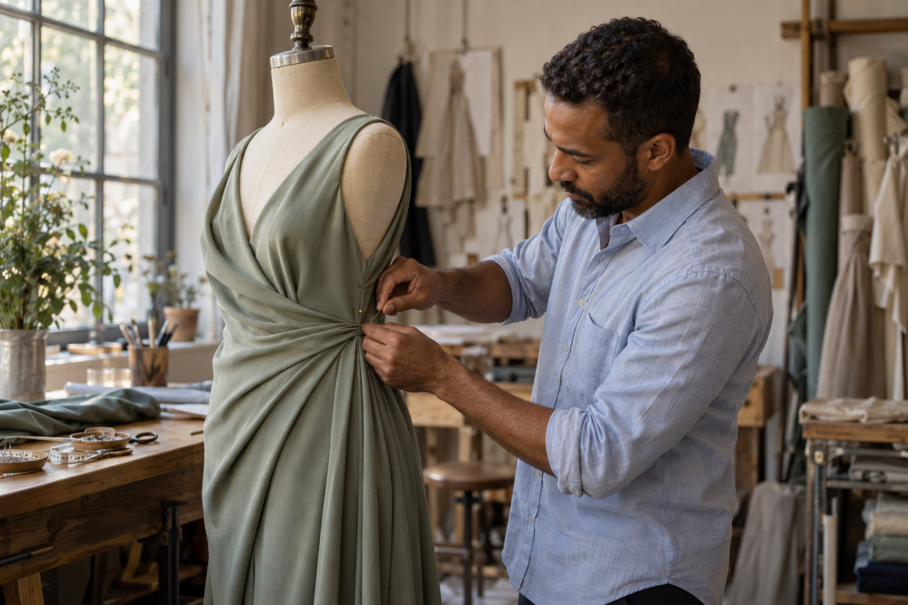 Hombre colocando alfileres en un vestido verde sobre un maniquí.