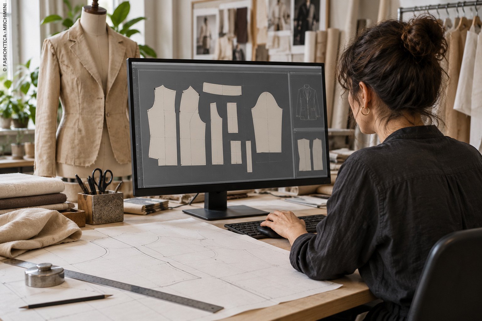 Patronista CAD comparando piezas de un patrón digital con una muestra de camisa sobre una mesa