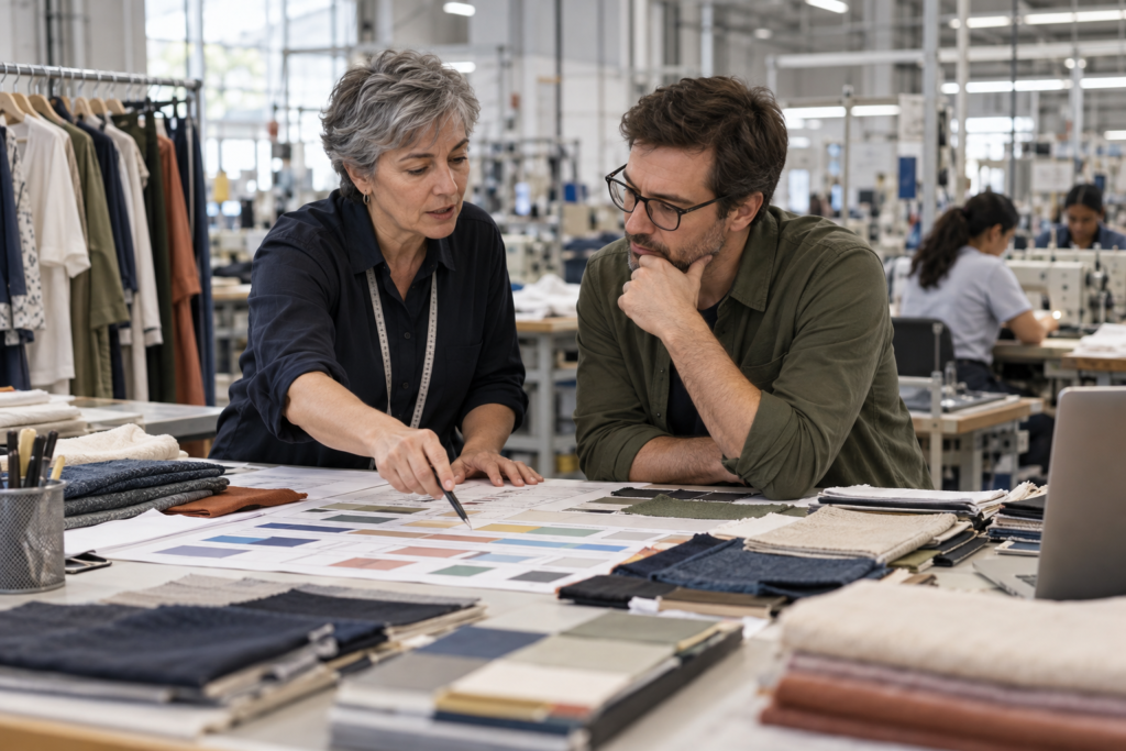 Dos profesionales revisan una planificación sobre una mesa con muestras textiles, junto a una zona de confección.