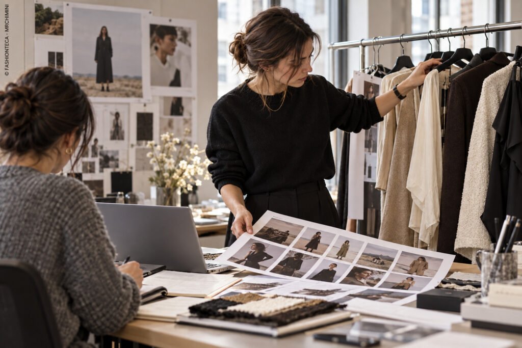 Responsable de comunicación de moda revisando un dossier de colección y un calendario de lanzamiento