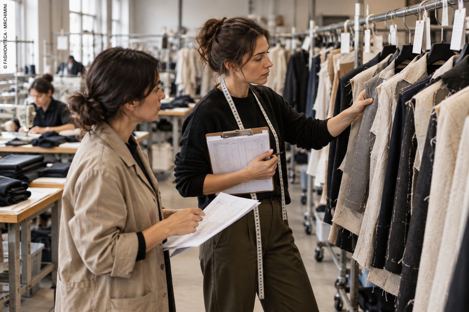 Responsable de producción revisando muestras de camisas y un calendario de fabricación en un taller