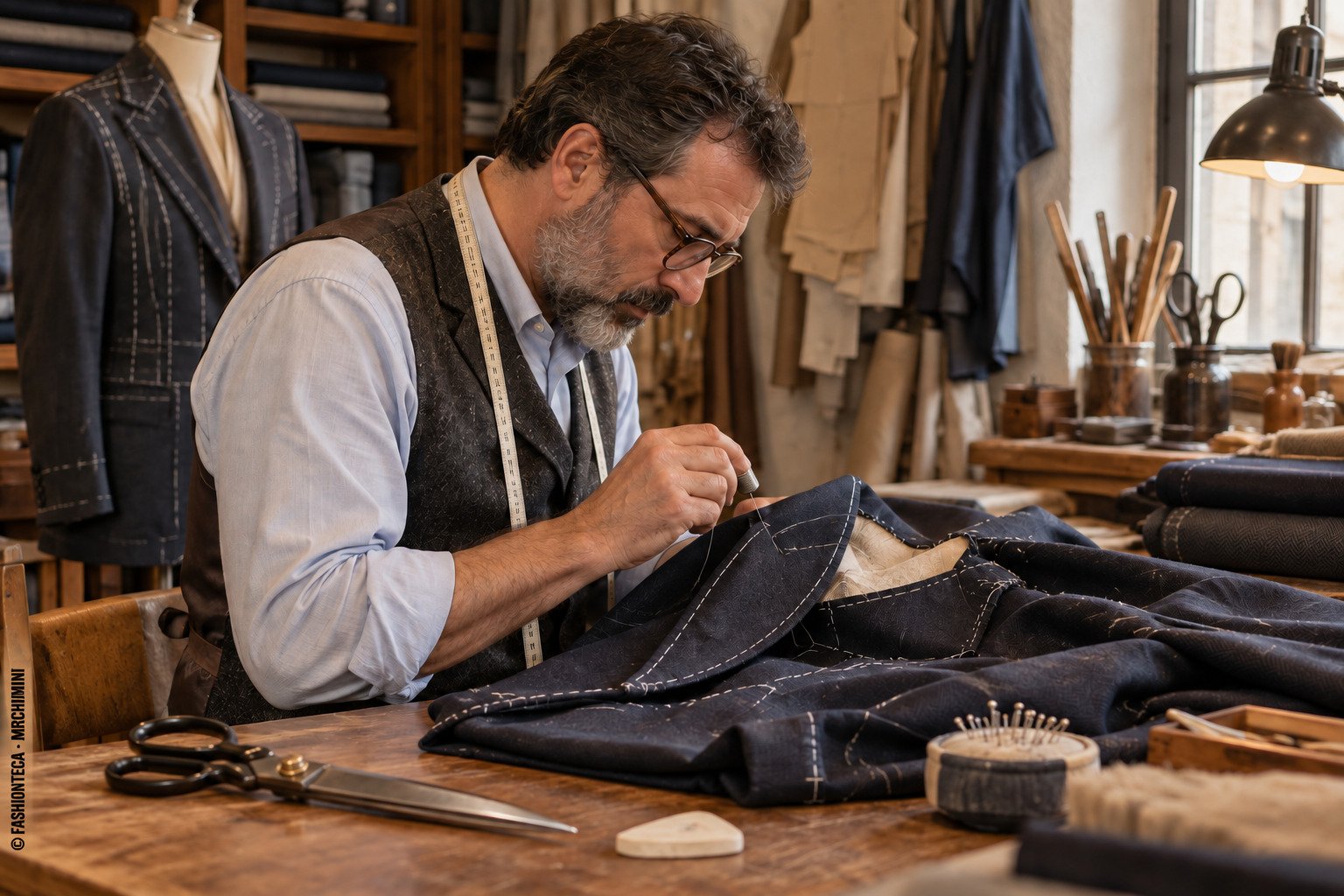 Sastre marcando los ajustes de una chaqueta durante una prueba de taller