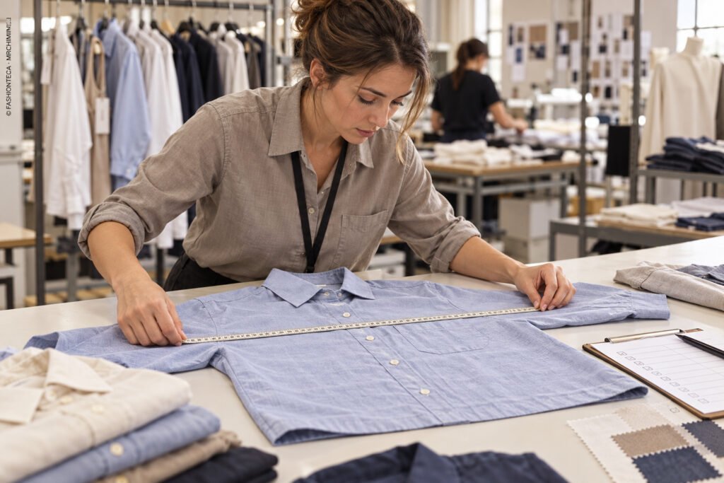 Técnica de calidad midiendo un pantalón y anotando resultados junto a una ficha de inspección