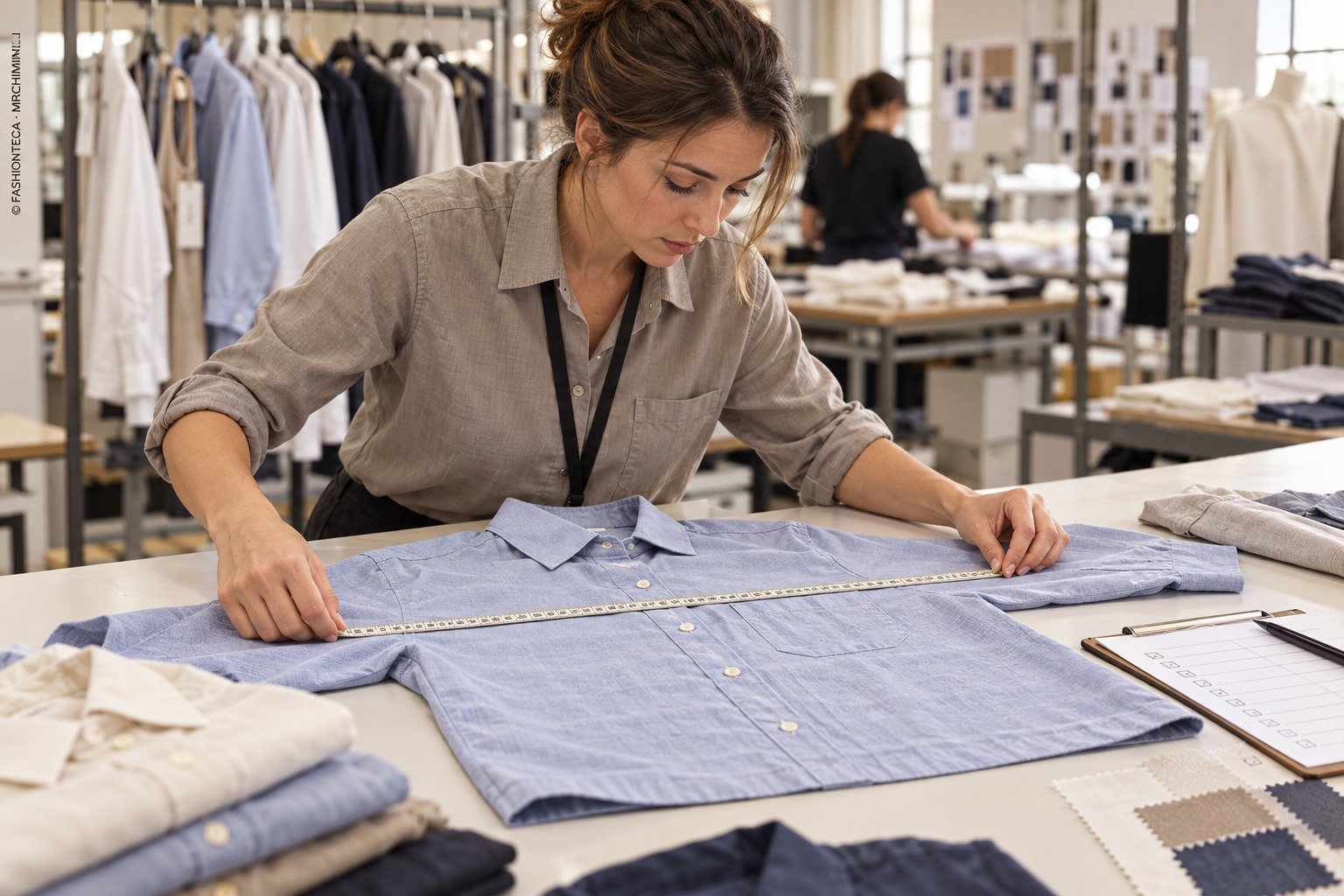 Técnica de calidad midiendo un pantalón y anotando resultados junto a una ficha de inspección