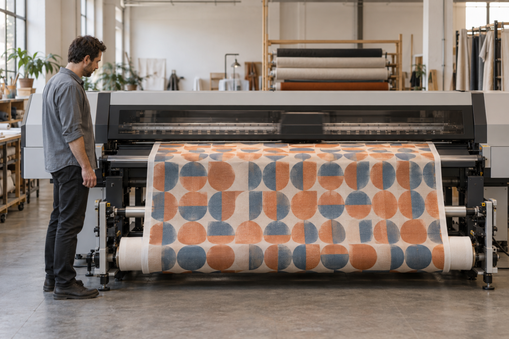Hombre observando una impresora textil con tela de motivos geométricos azules y naranjas.