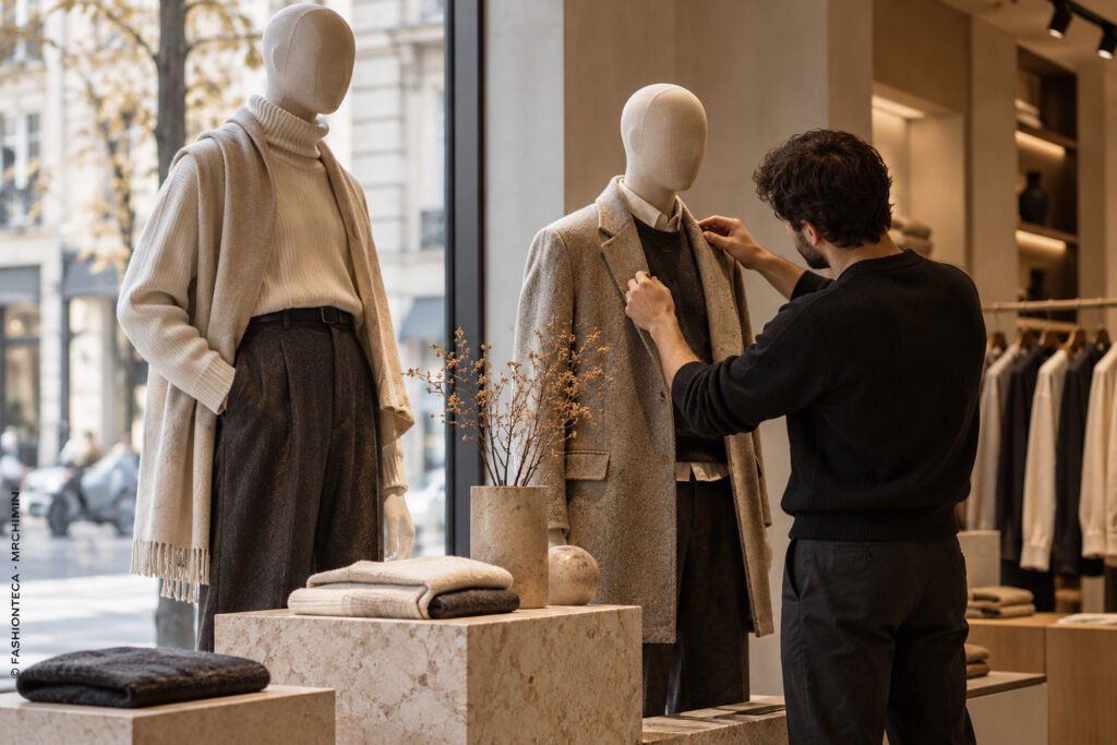 Visual merchandiser preparando un escaparate de moda con maniquíes, prendas y un plano de implantación