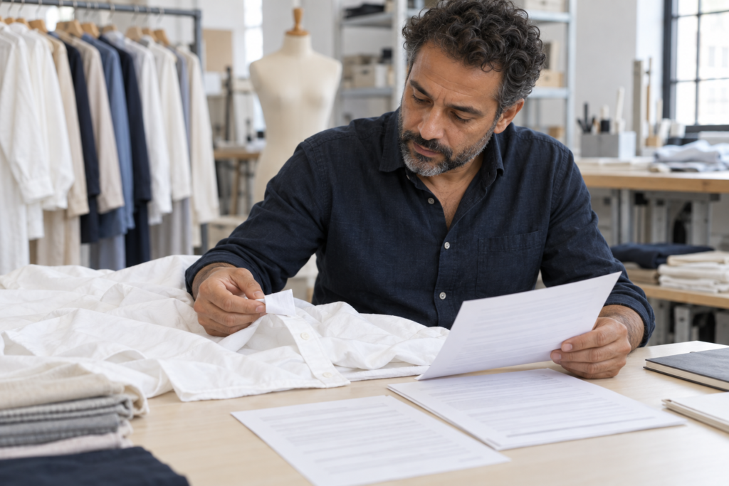 Profesional revisando una etiqueta blanca de una camisa y documentación genérica sobre una mesa de trabajo.