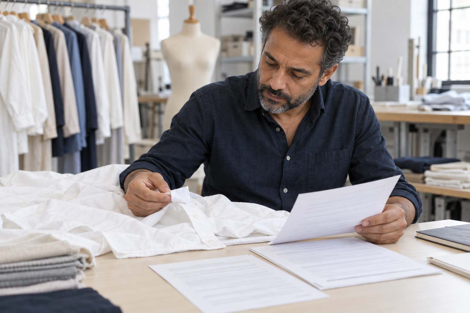 Profesional revisando una etiqueta blanca de una camisa y documentación genérica sobre una mesa de trabajo.