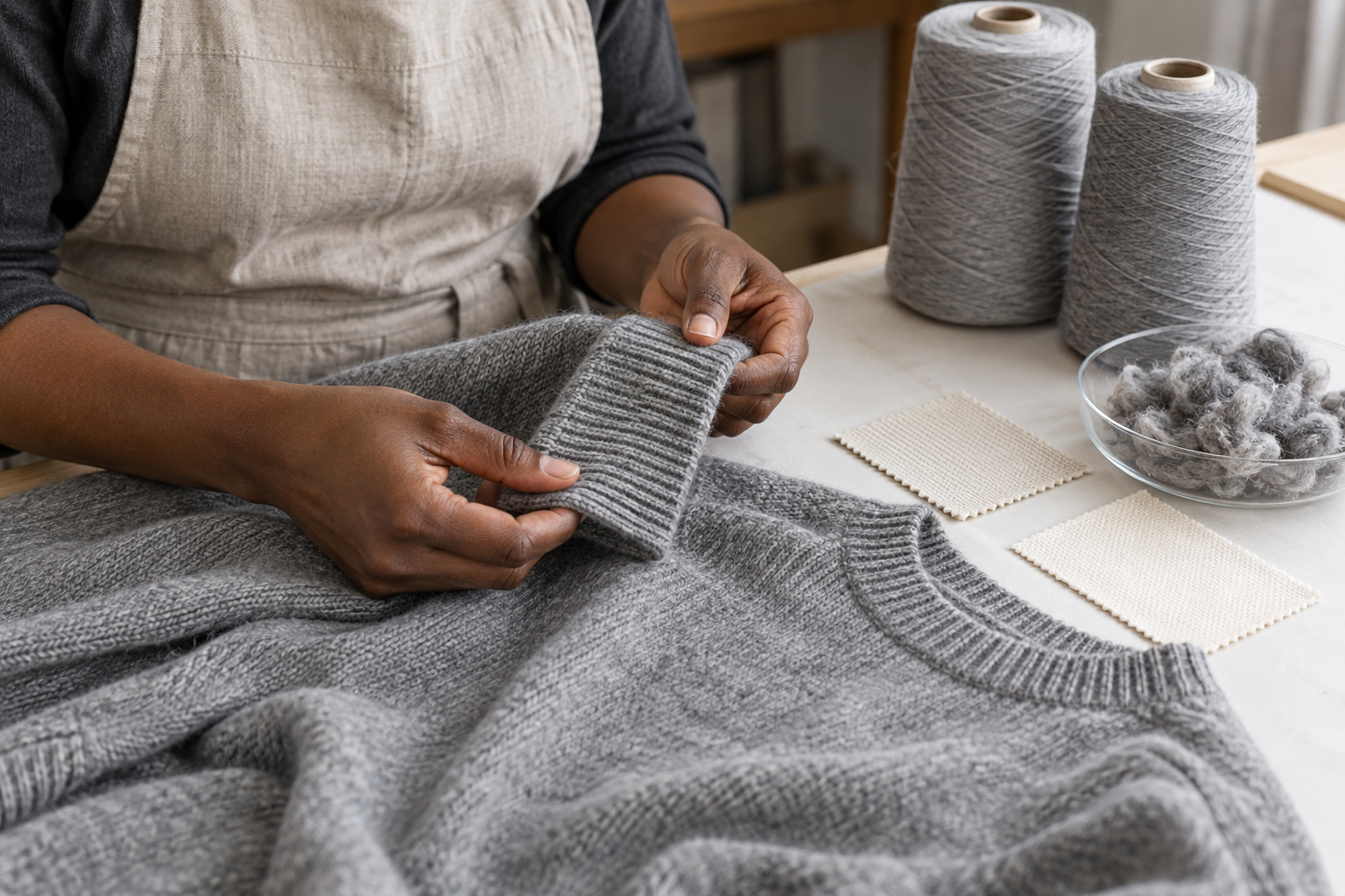 Detalle de manos examinando el puño de un jersey gris junto a conos de hilo, muestras textiles y un recipiente con fibras.