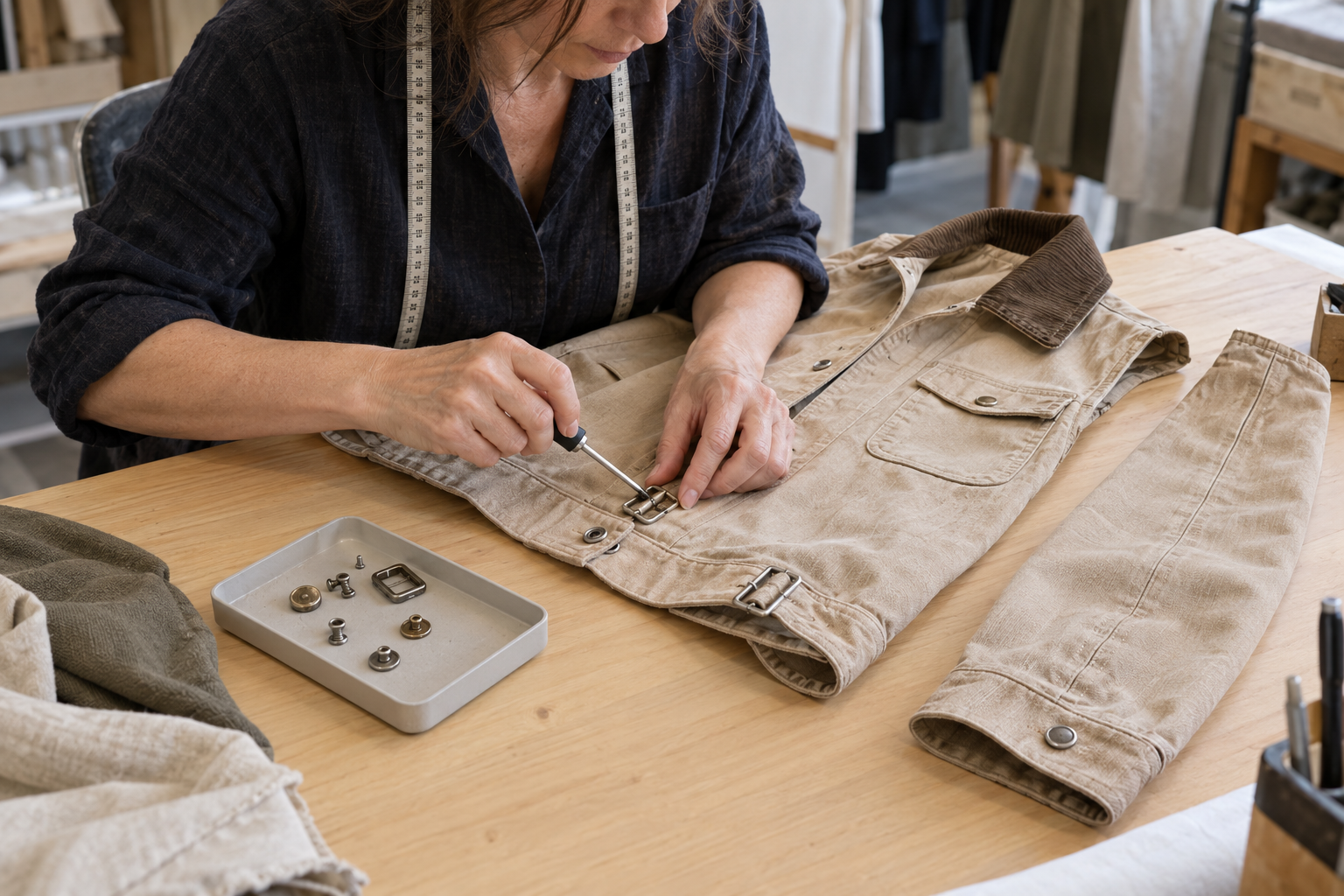 Profesional manipulando con un destornillador una hebilla de una chaqueta beige, junto a una manga separada y piezas metálicas ordenadas.