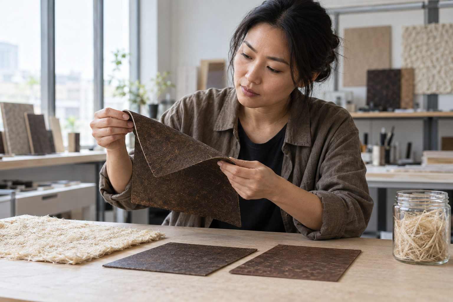 Diseñadora examinando una lámina marrón junto a muestras de fibras y materiales.