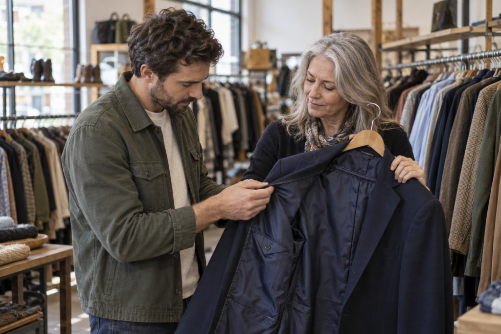 Dos personas examinan el forro de una chaqueta en una tienda de ropa de segunda mano.