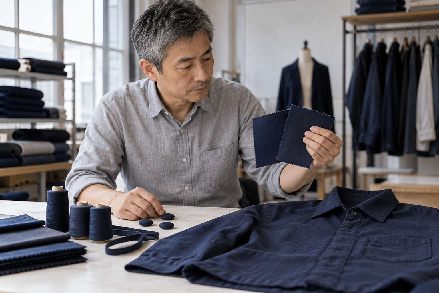 Diseñador comparando dos muestras de tela azul marino junto a hilos, botones forrados, una cinta y una sobrecamisa del mismo tono.