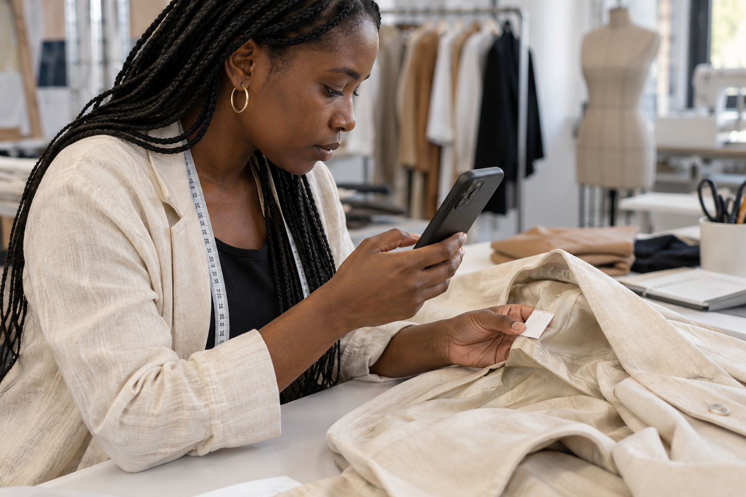 Profesional consultando un teléfono mientras sostiene una pequeña etiqueta sin texto de una chaqueta color crudo.