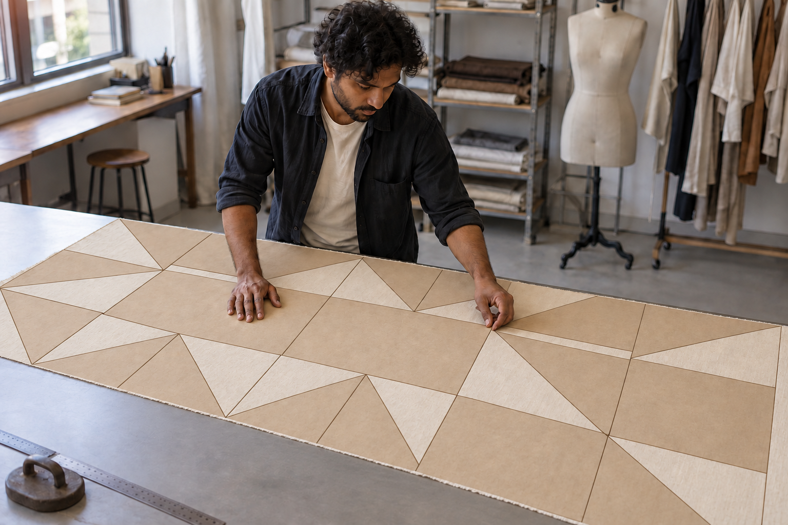 Patronista trabajando sobre un esquema de rectángulos y triángulos contiguos que cubre una pieza rectangular de tejido crudo.