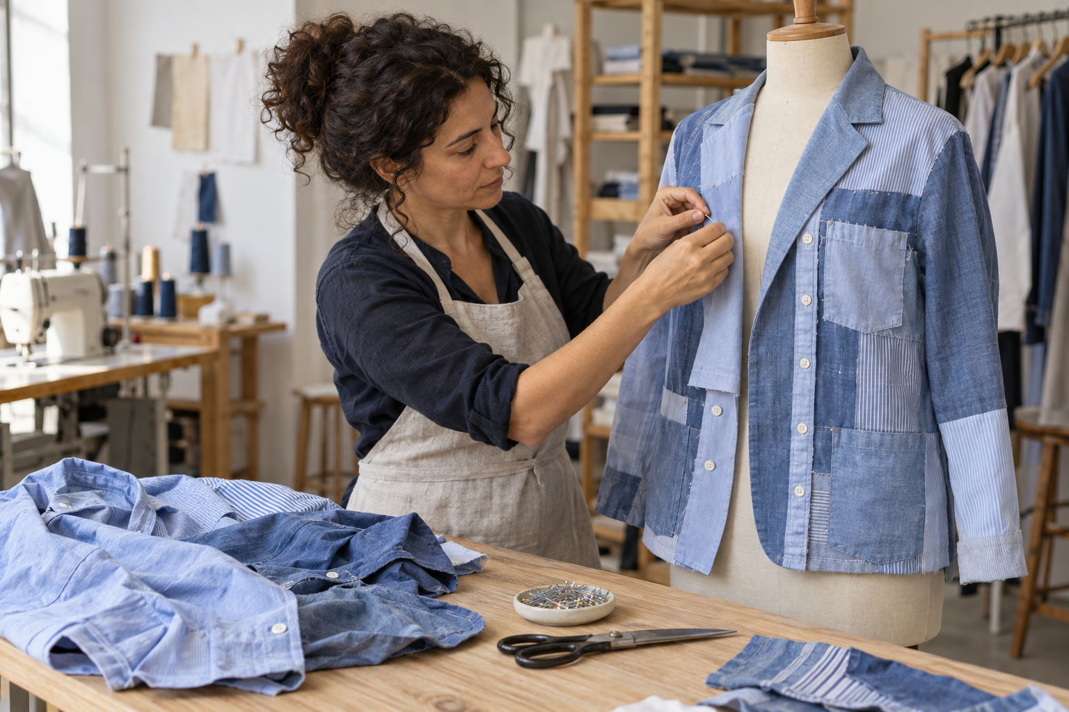 Confeccionista ajustando una chaqueta de retales de camisas azules sobre un maniquí, con prendas usadas y útiles de costura en la mesa.