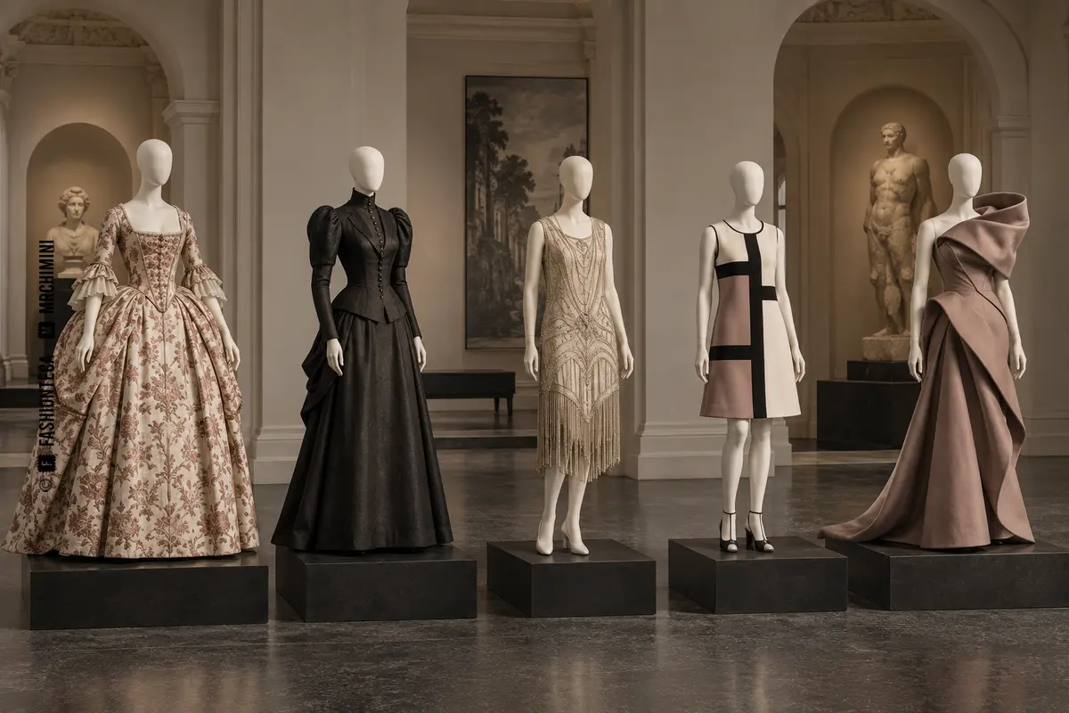 Evolución de las siluetas de moda en una galería, del siglo XVIII a la actualidad