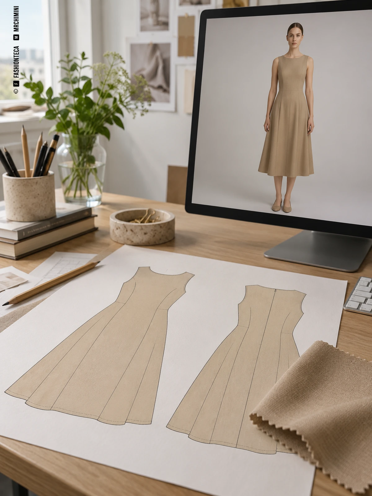 Dibujos de un vestido sin mangas junto a una representación del volumen en pantalla y una muestra de tejido.