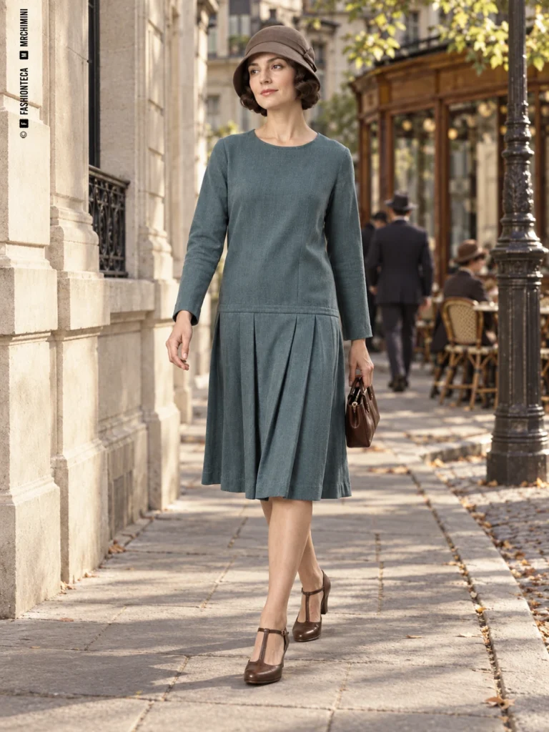 Mujer con vestido de cintura baja y sombrero cloche en una calle parisina ambientada hacia 1926.
